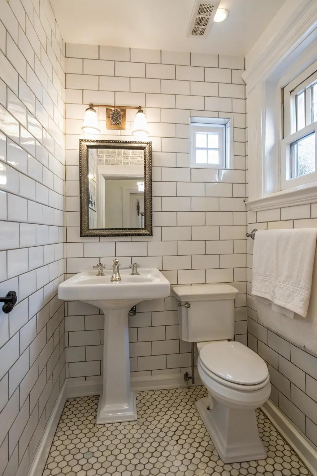 Subway tiles give a timeless and clean appearance to a hall bathroom.