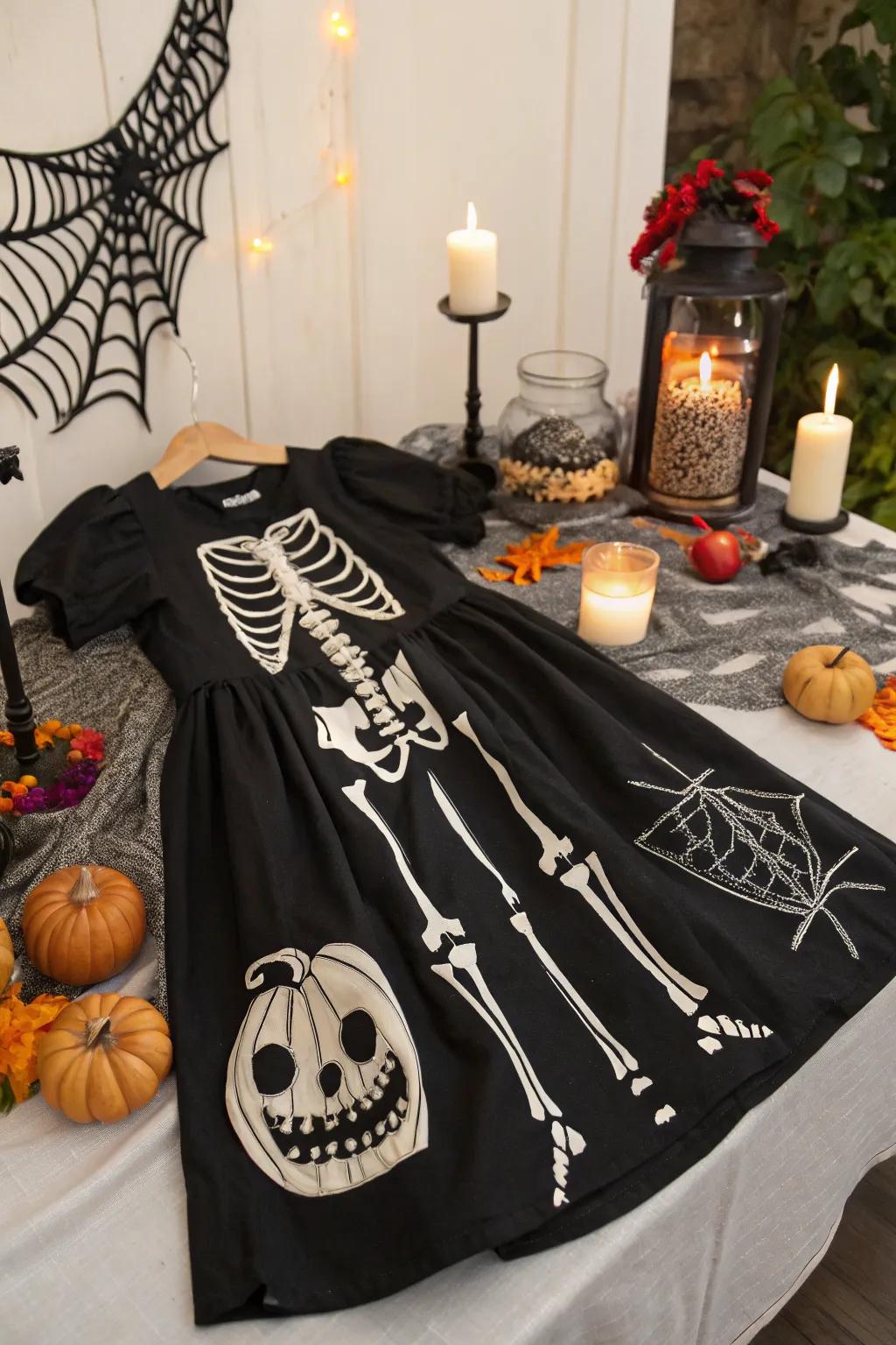 Animate a skeleton with face paint and a black dress.
