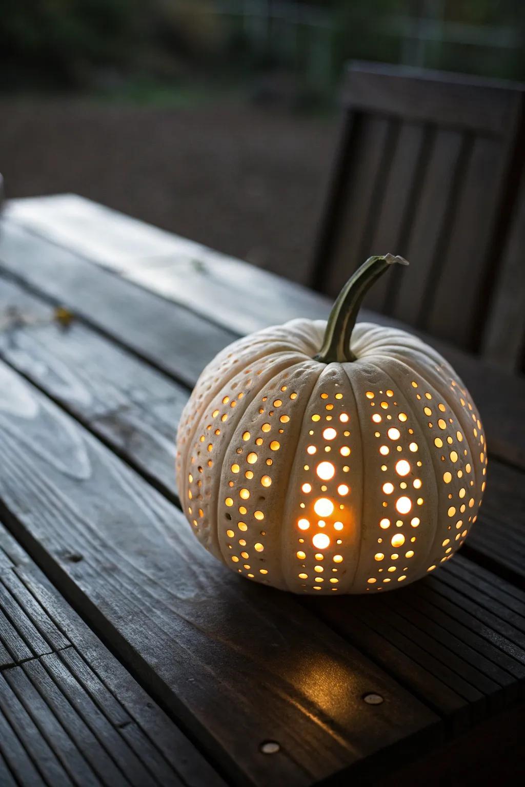 Elegant dot patterns transform simple pumpkins into captivating lanterns.