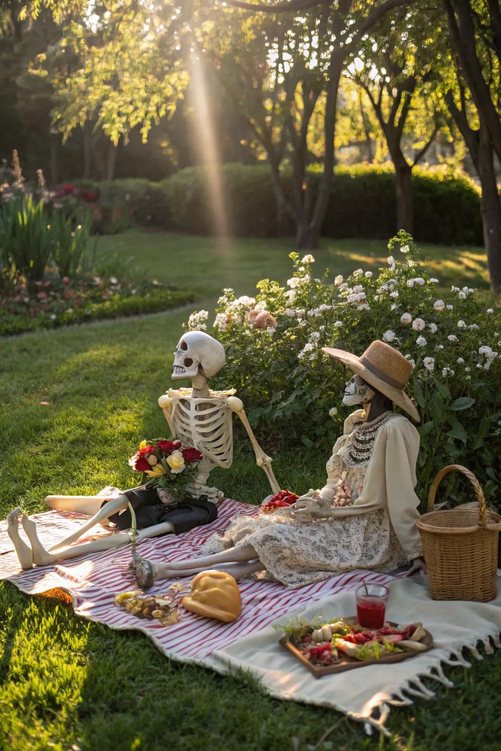 Skeletons at a picnic contribute whimsical charm to your Halloween decor.