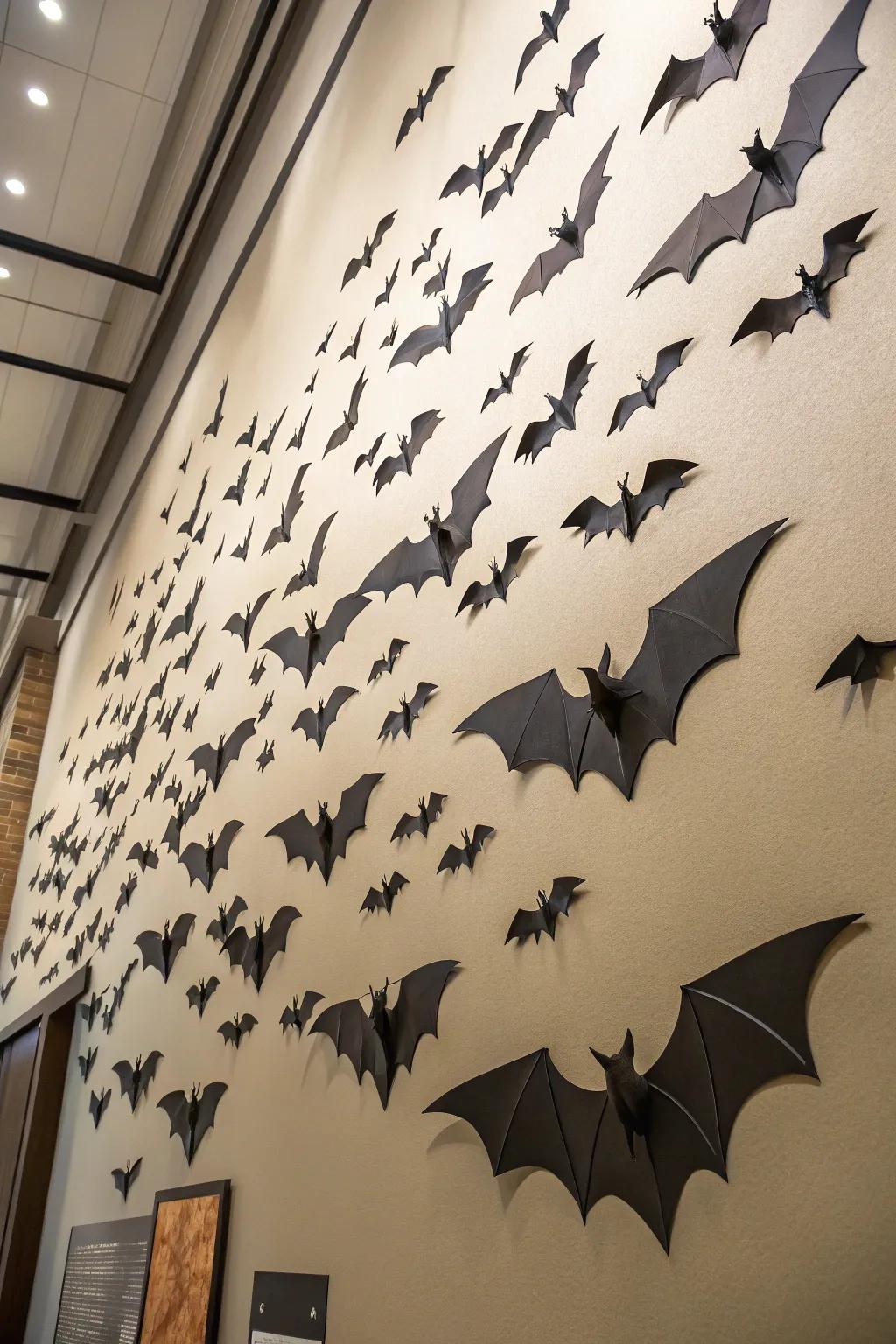 A 3D bat swarm creates a striking Halloween display.