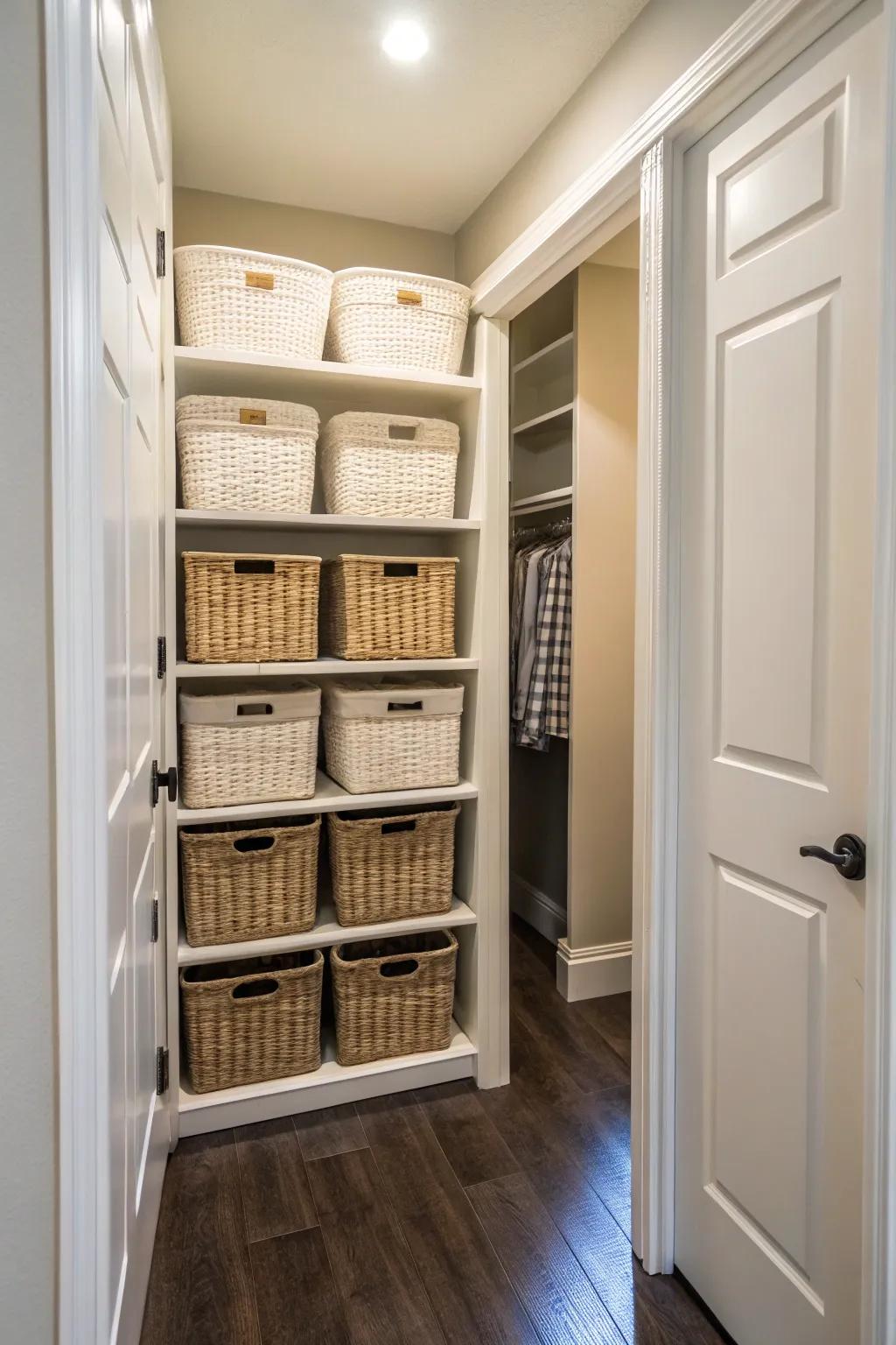 Coordinated receptacles in a corridor closet for a cohesive and fashionable impression.