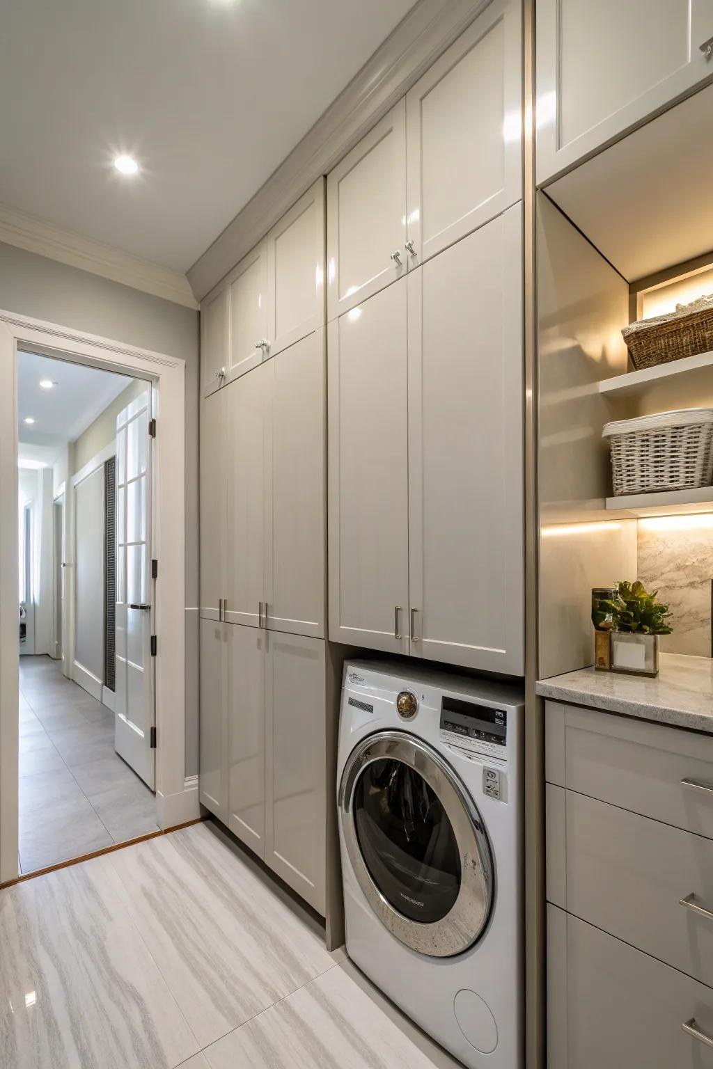 Elegant fitted storage keeps the laundry area in order.
