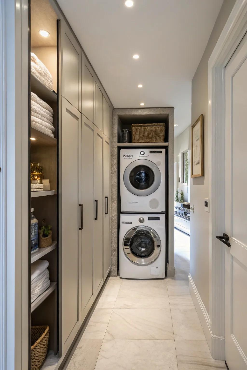 Integrated wardrobes deliver a tidy and structured visual to a corridor washing space.