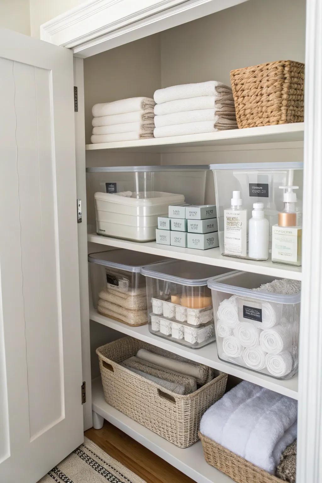 Clear containers ensure small items are easy to see and organized.