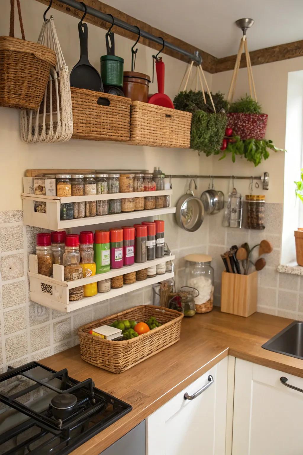 Optimize small kitchen spaces with hanging baskets.
