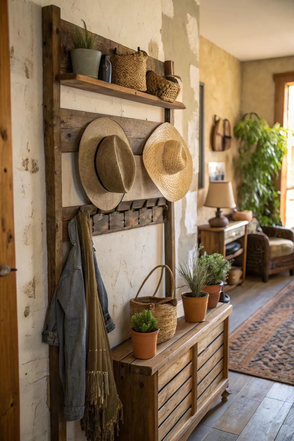 DIY hat rack with rustic feel.