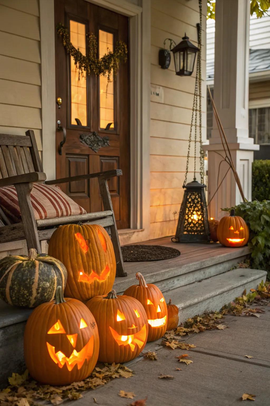 Pumpkins are a versatile decoration for creating a spooky entrance.