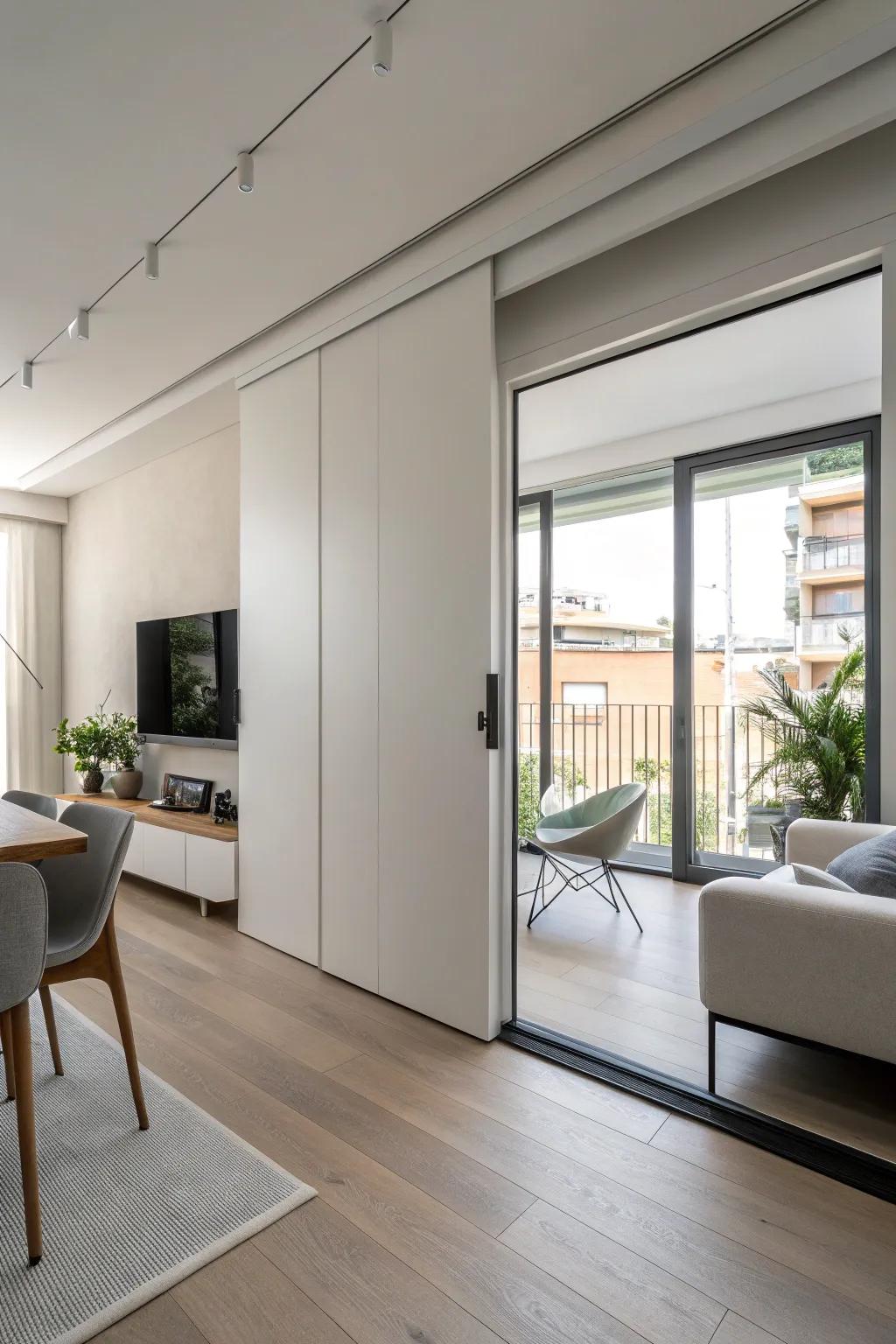 A modern apartment featuring a concealed sliding door.