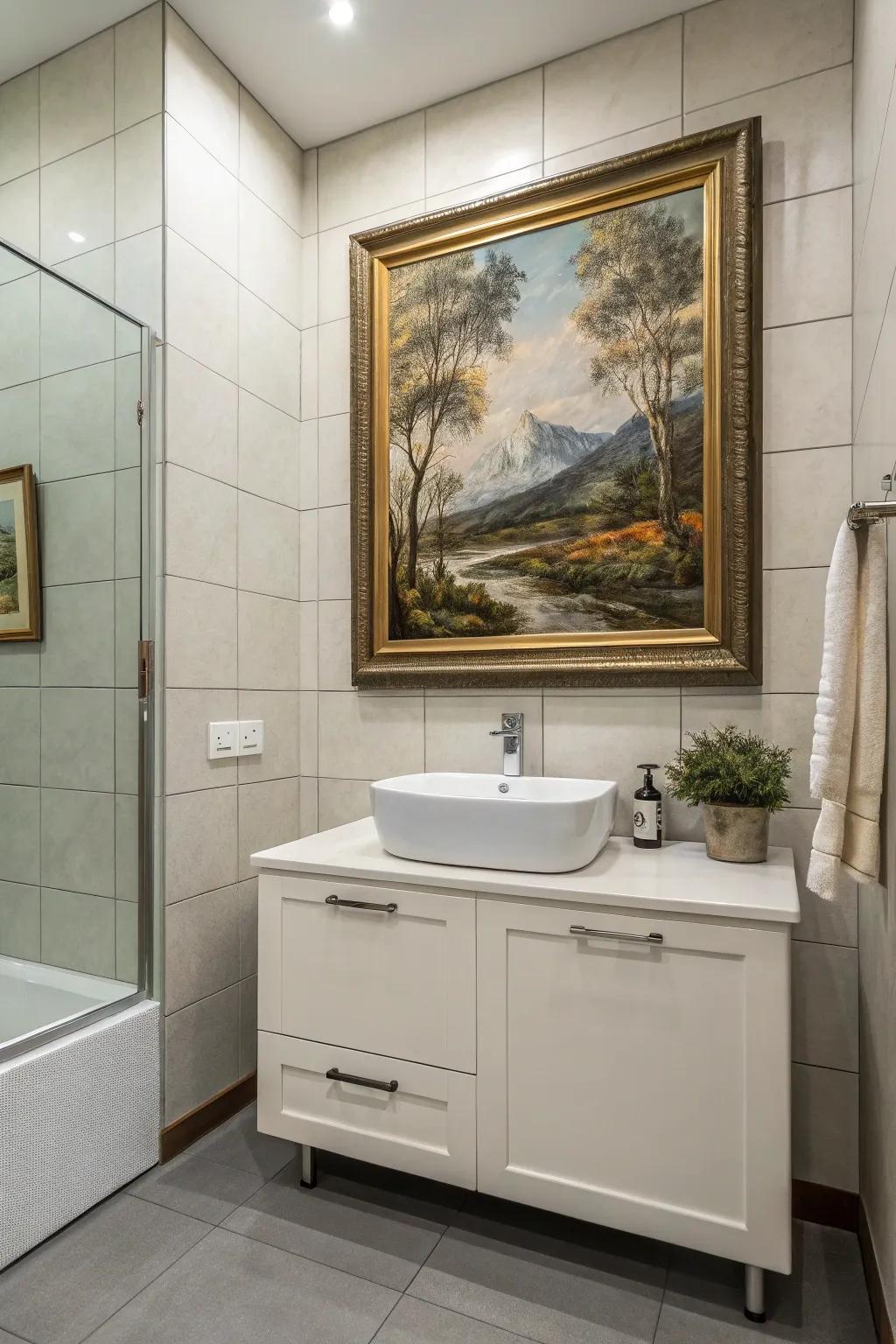 A painting cleverly hiding a medicine cabinet within a stylish restroom.