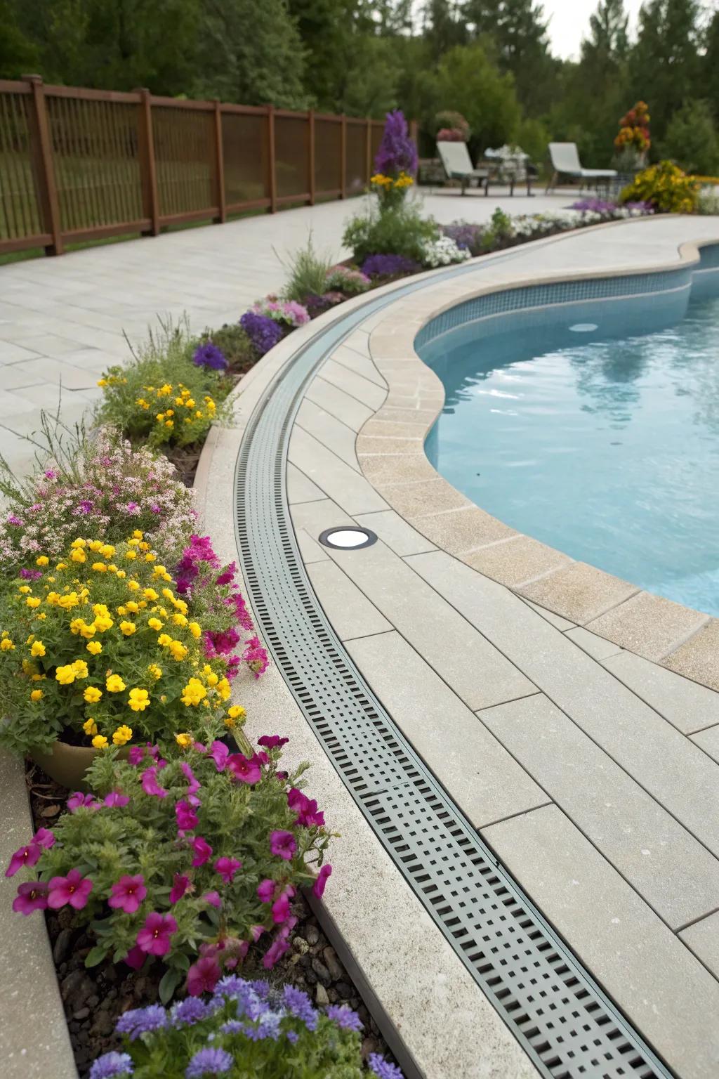 Curved drain designs create a lively pattern around the pool.