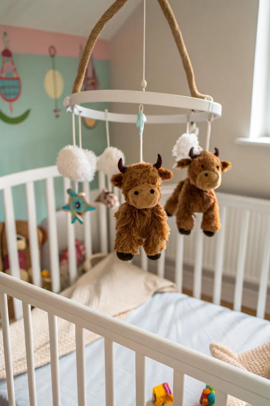 A meadow cow mobile can enchant and calm your baby.