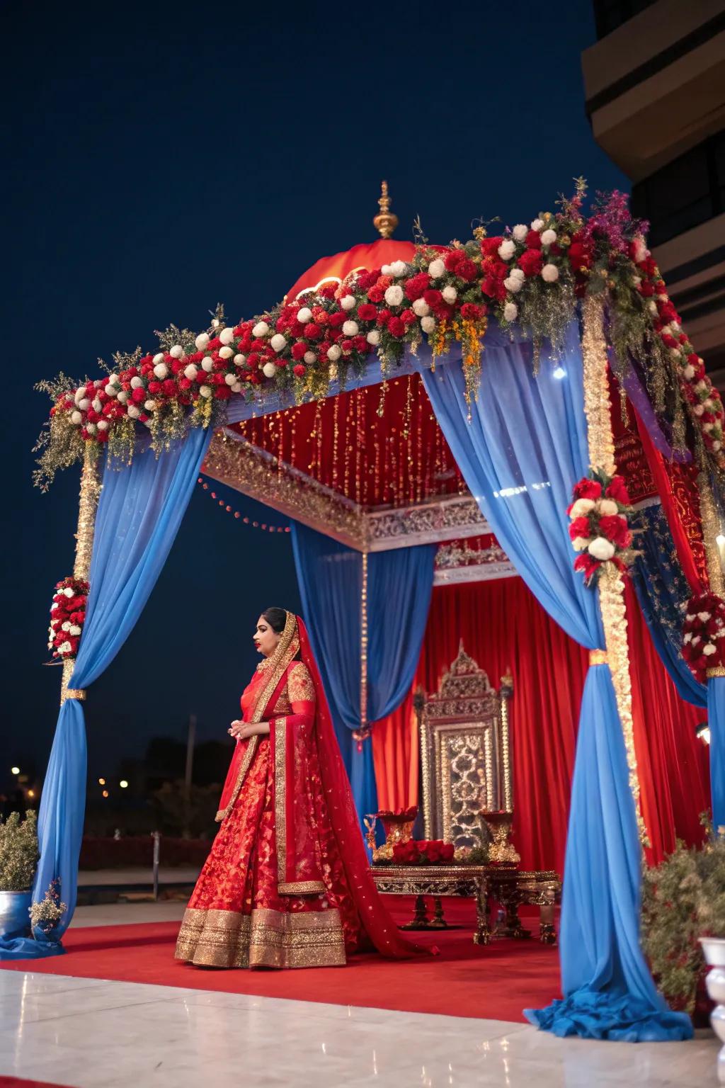 A mandap featuring striking color palettes for a stunning visual impact.