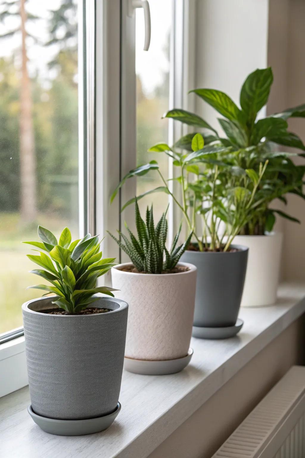 Modern planters showcasing a variety of indoor plants on a sunlit windowsill.