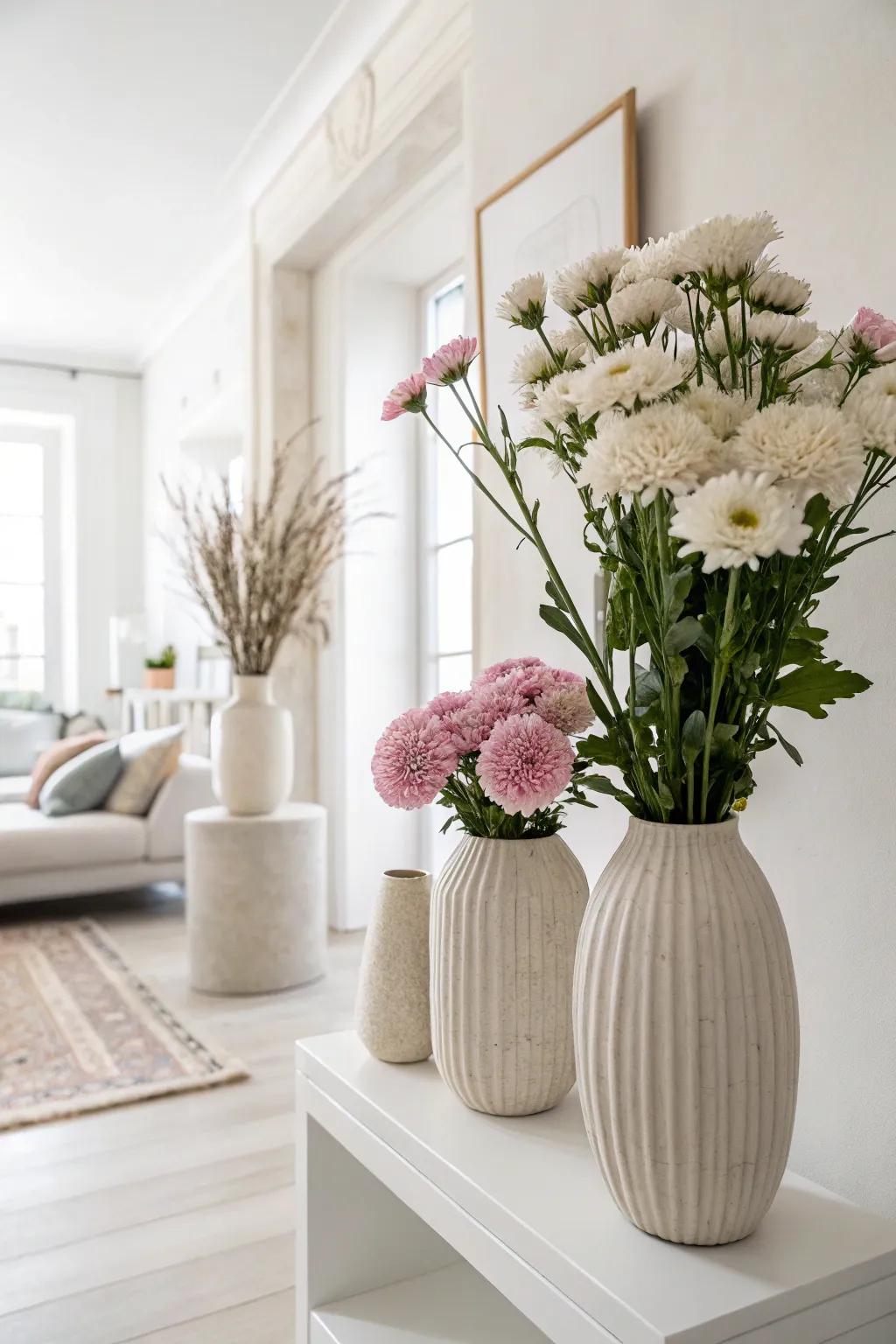 Simple arrangements enhance a minimalist interior.
