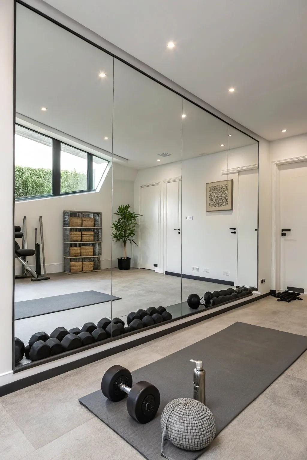 A minimalistic gym with clean aesthetics and large mirrors.