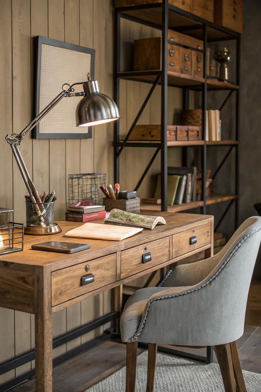 Mixing materials like wood and metal creates visual depth and interest.