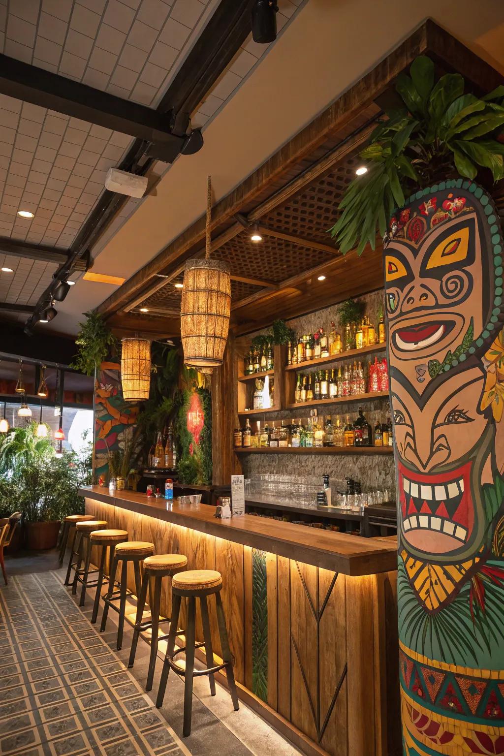 Tiki masks and art impart cultural sophistication to your bar.