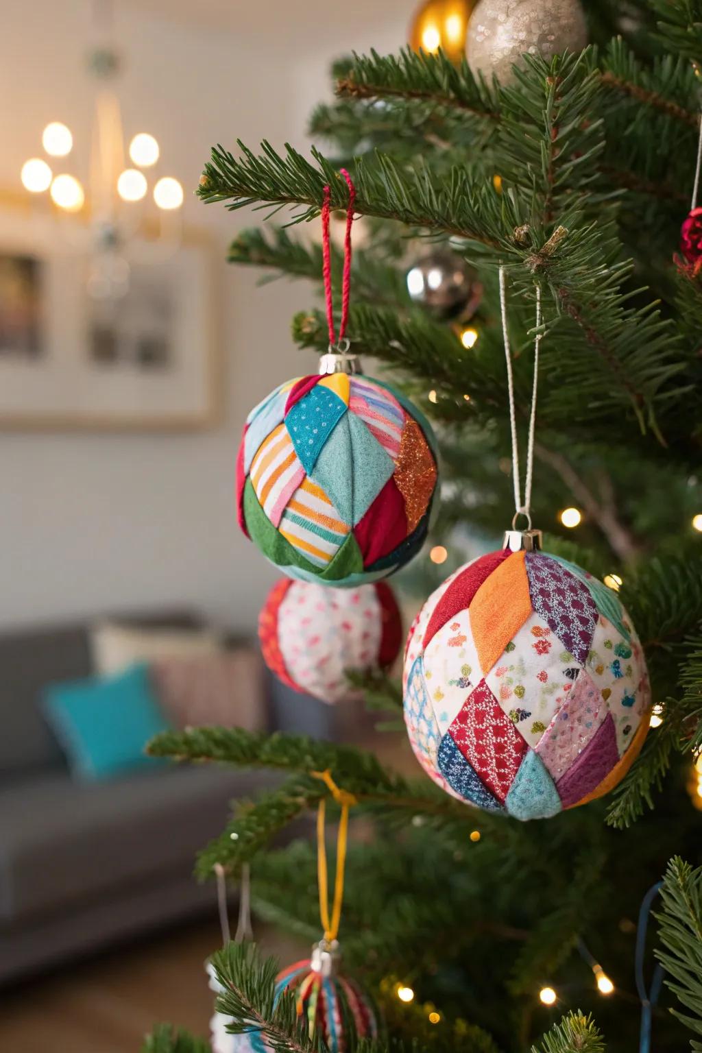 Vibrant textile remnant orbs injecting a burst of color to the festive aesthetic.