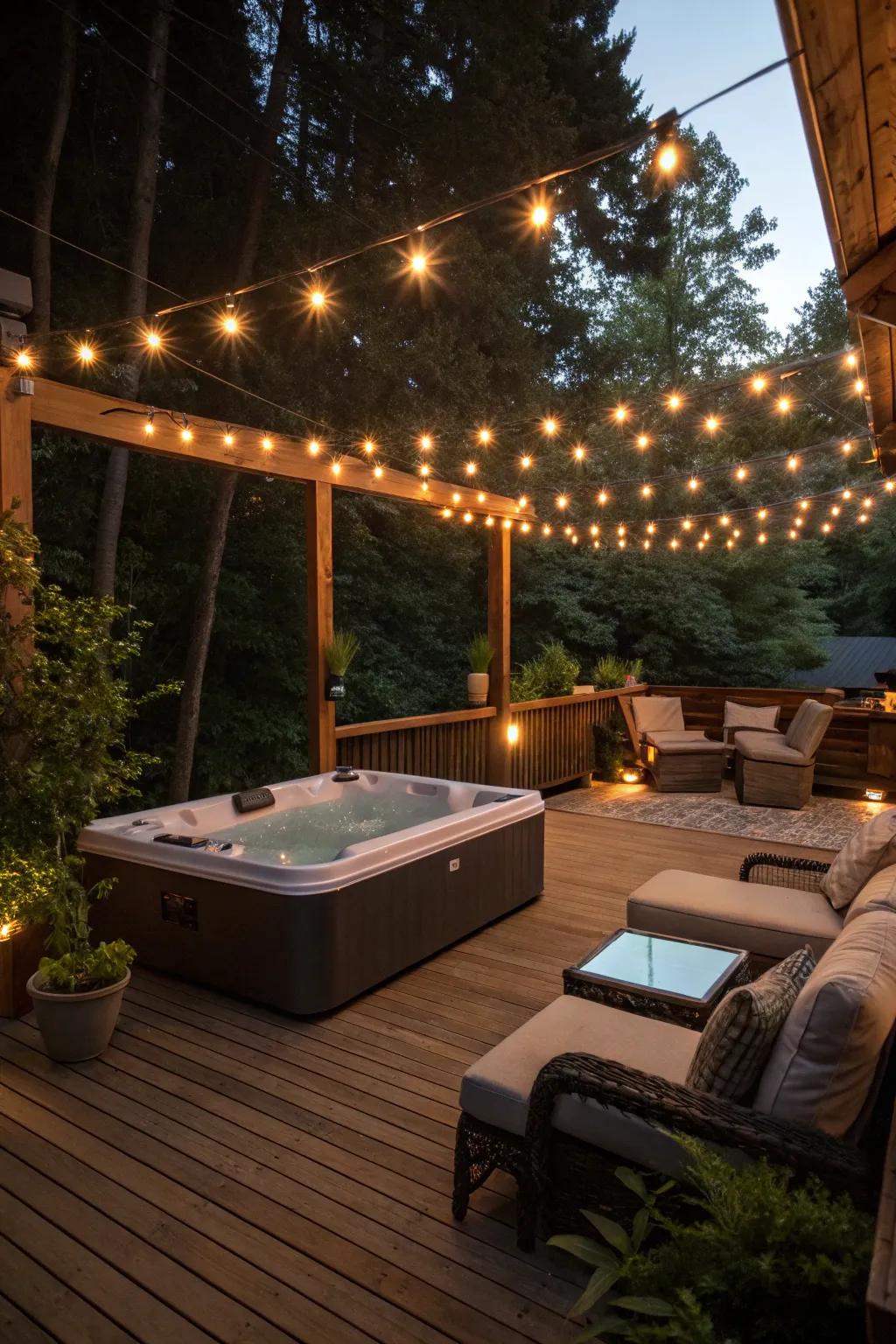 String lights craft an enchanting atmosphere for evening relaxation.