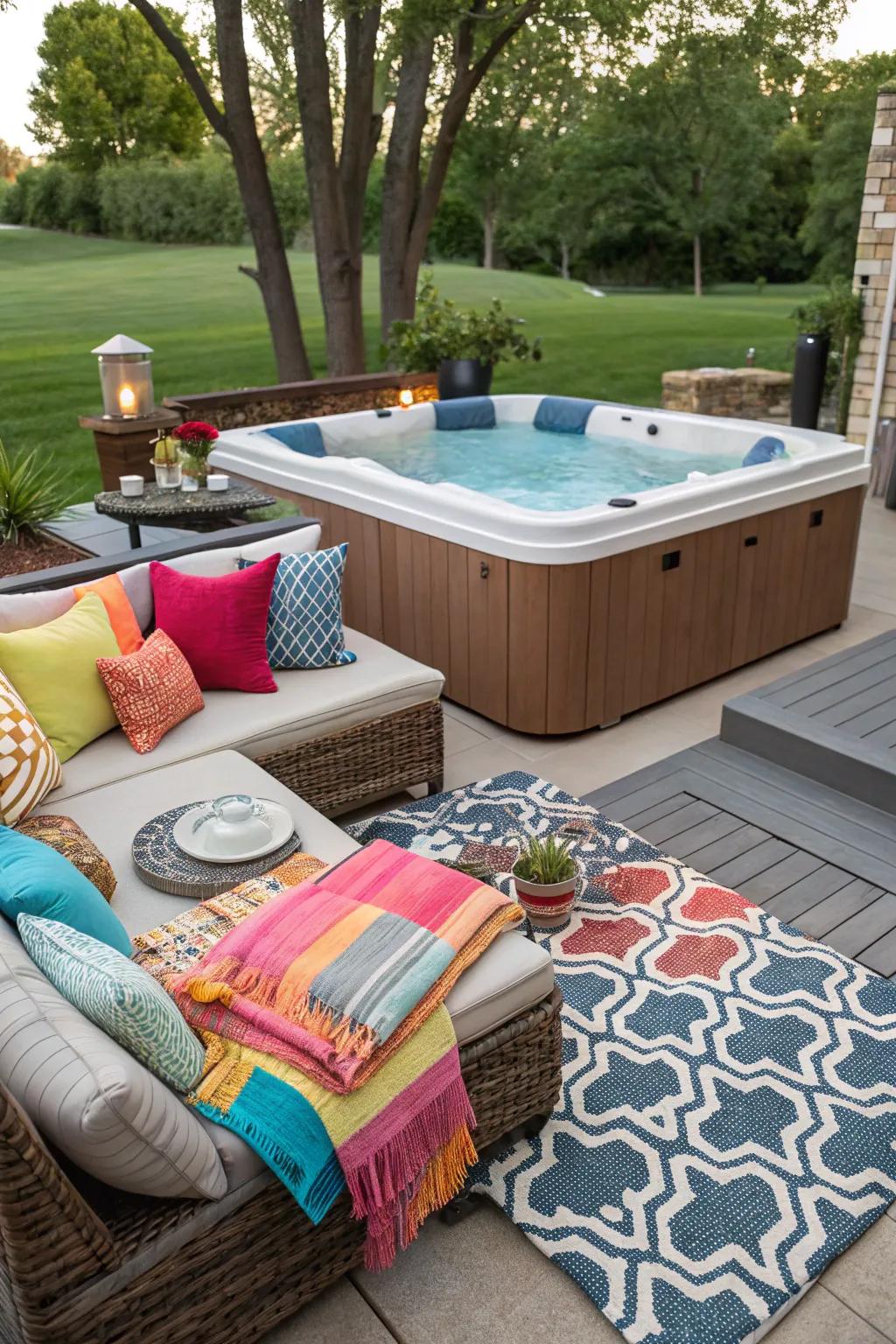 Plush accessories impart warmth and ease to your hot tub vicinity.