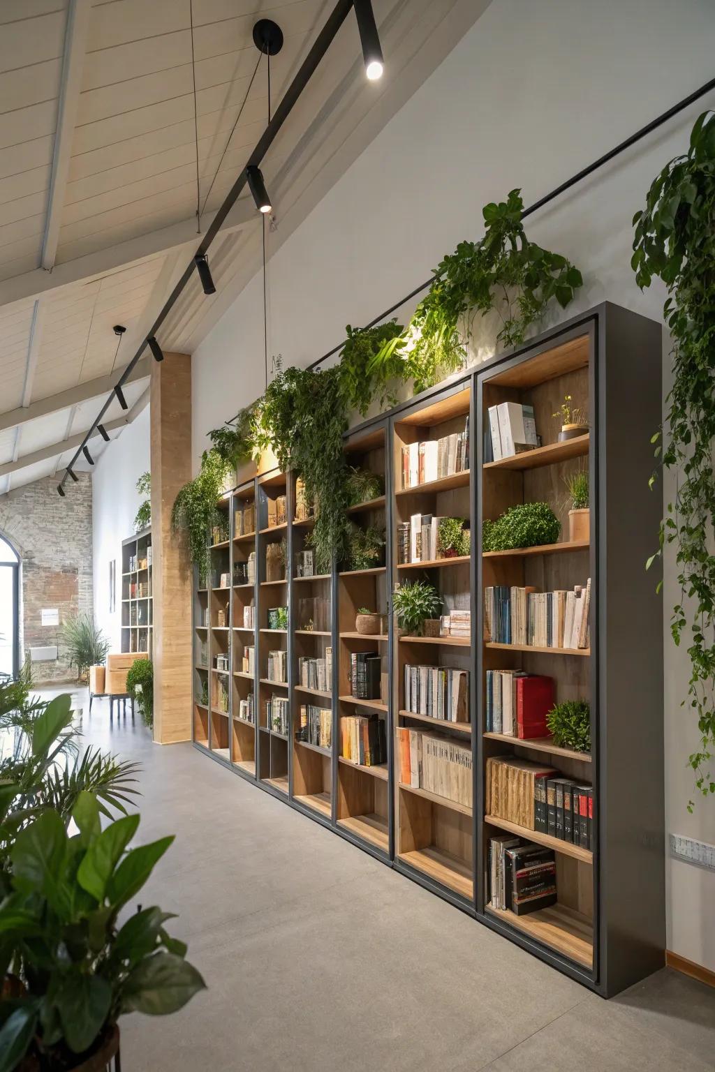 A room that leverages vertical space with tall shelving and suspended plants.