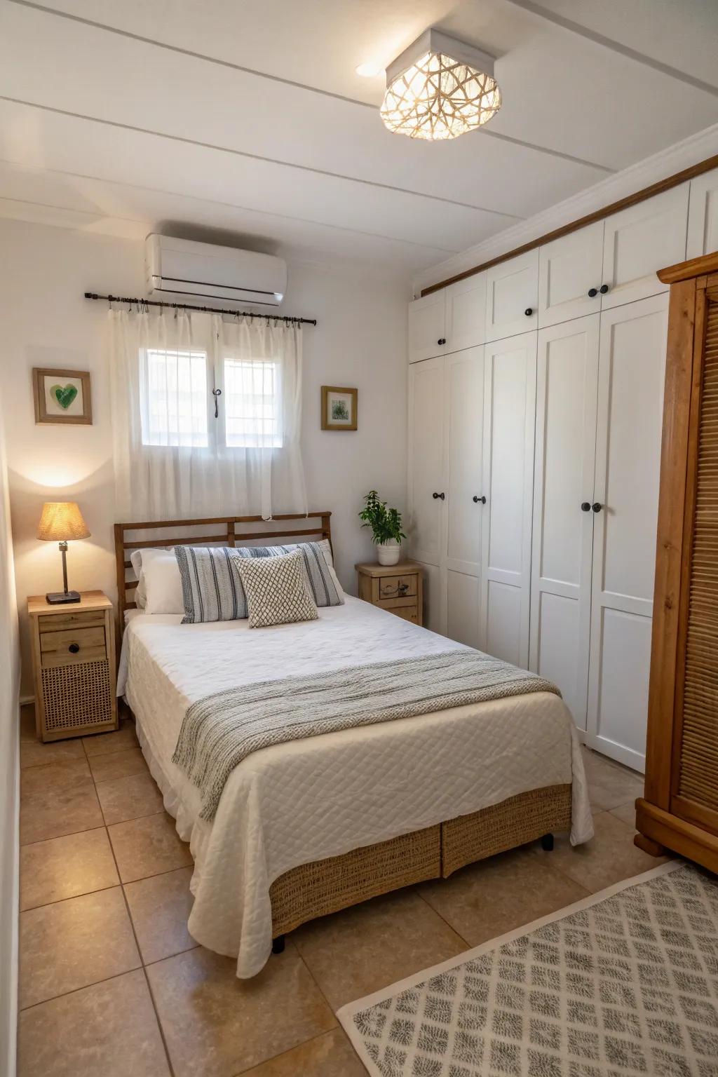 A small room with a smart layout featuring a centrally placed bed to best take advantage of limited space.