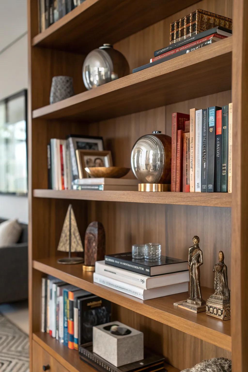 Bookshelf with mixed textures for added dimension.