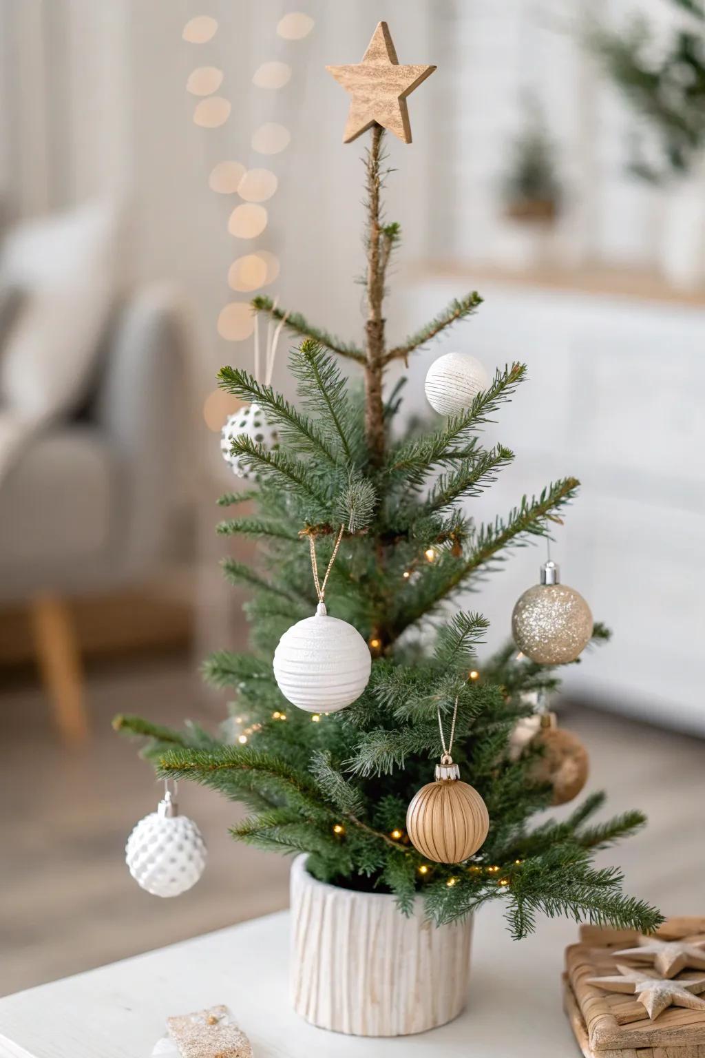 A minimalist Scandinavian-style Christmas tree featuring clean and simple decorations.