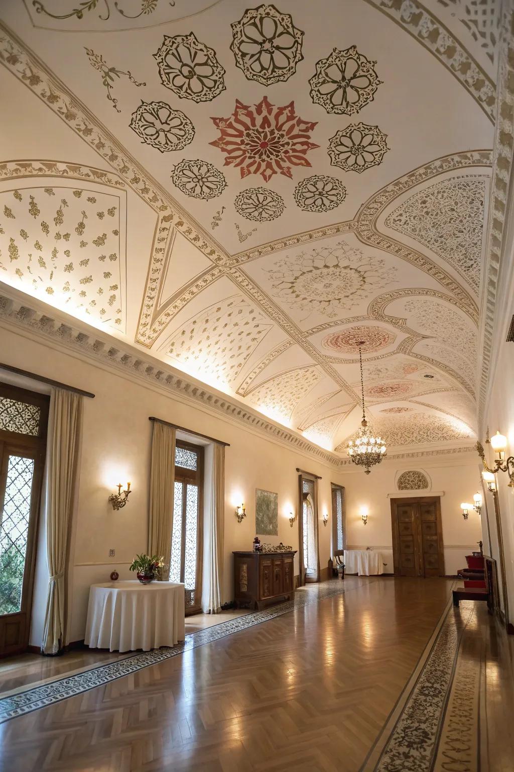 An exquisite room displaying elaborately stenciled motifs on the roof.