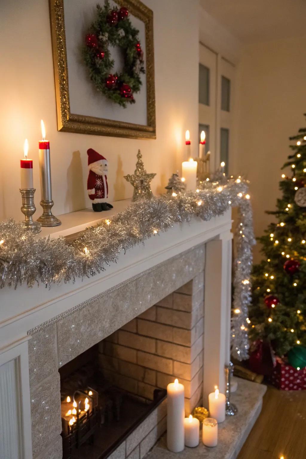A fireplace embellished using sparkle ribbon and holiday accents.