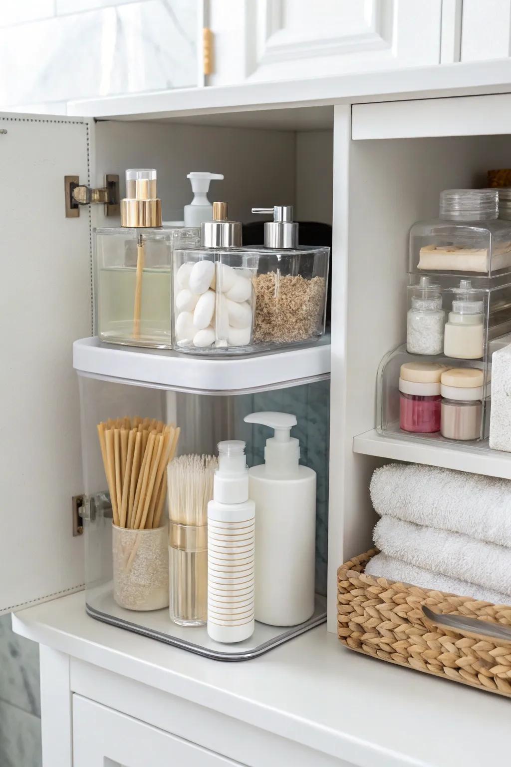 See-through containers in a bathroom cabinet for simple visibility of stored items.