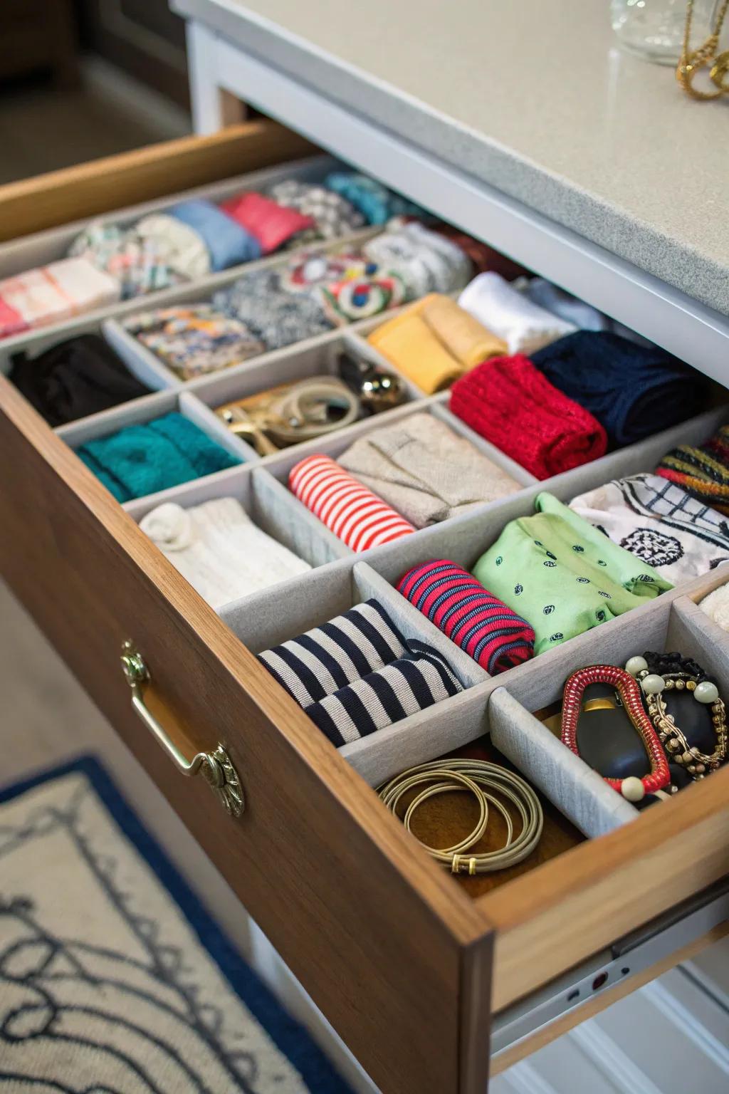 A multifunctional drawer combining various items for optimized space use.