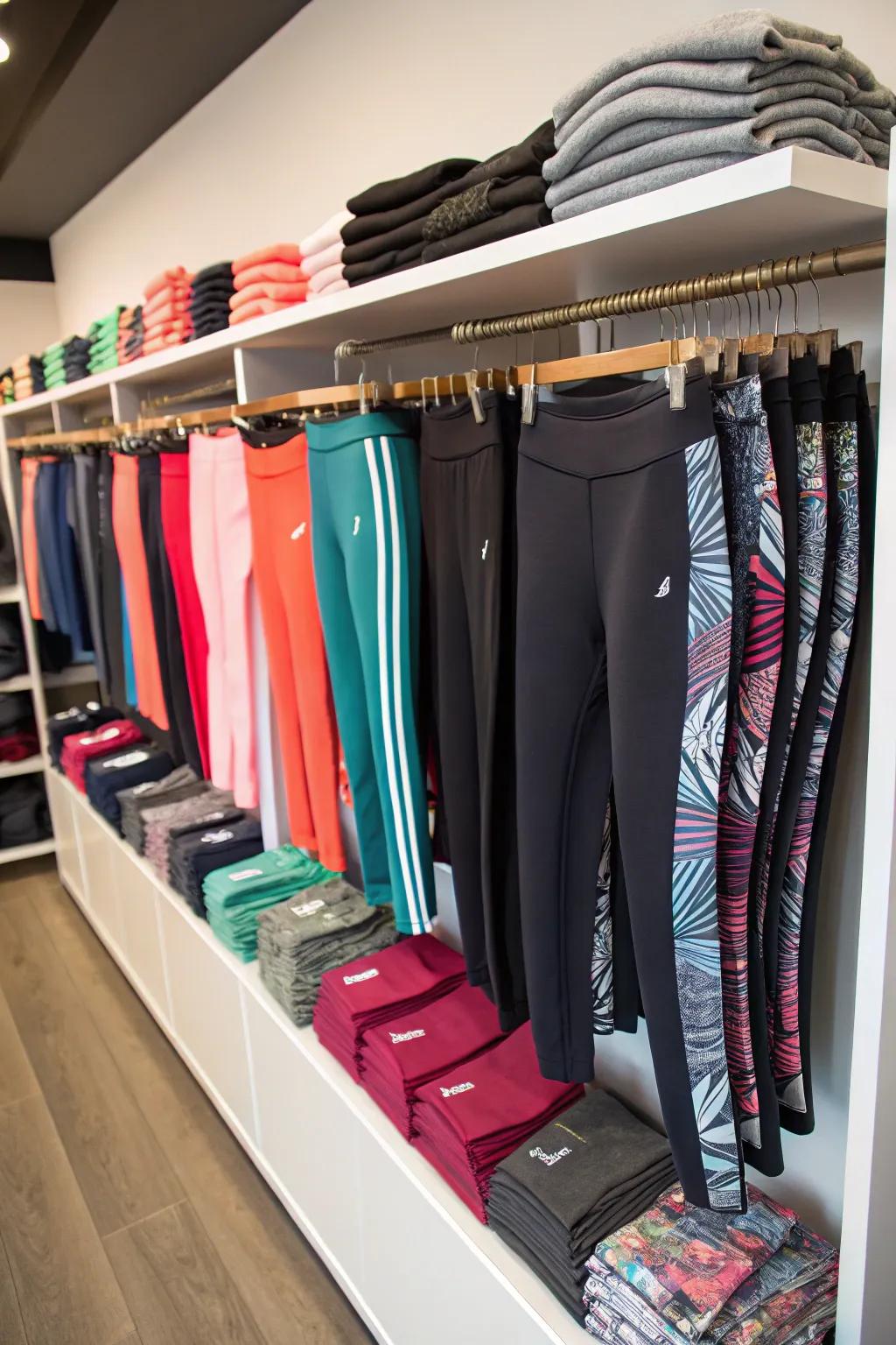 Design a fashion-forward display using a dedicated activewear shelf.