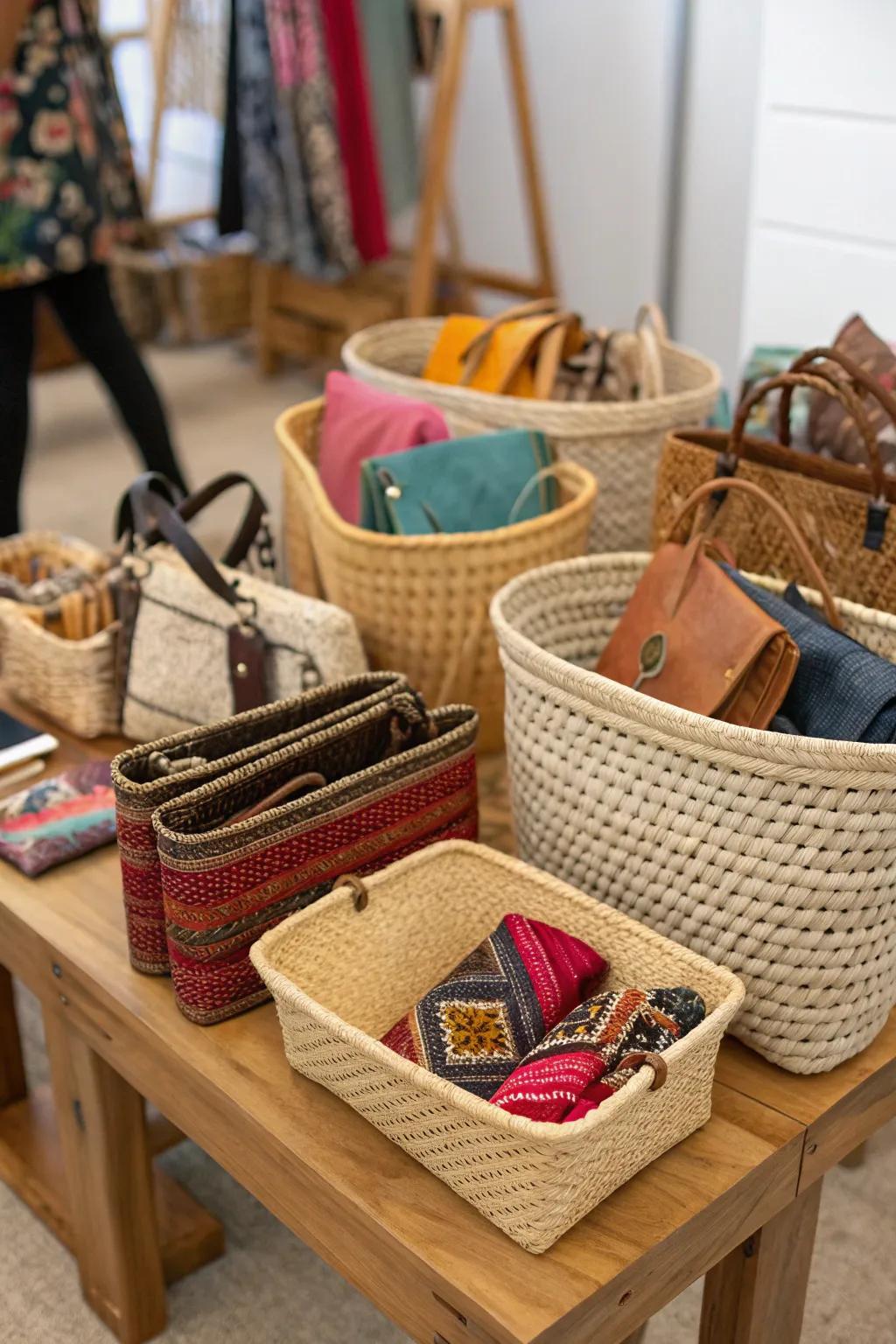 Baskets and bins used to neatly organize handbags for convenient storage.