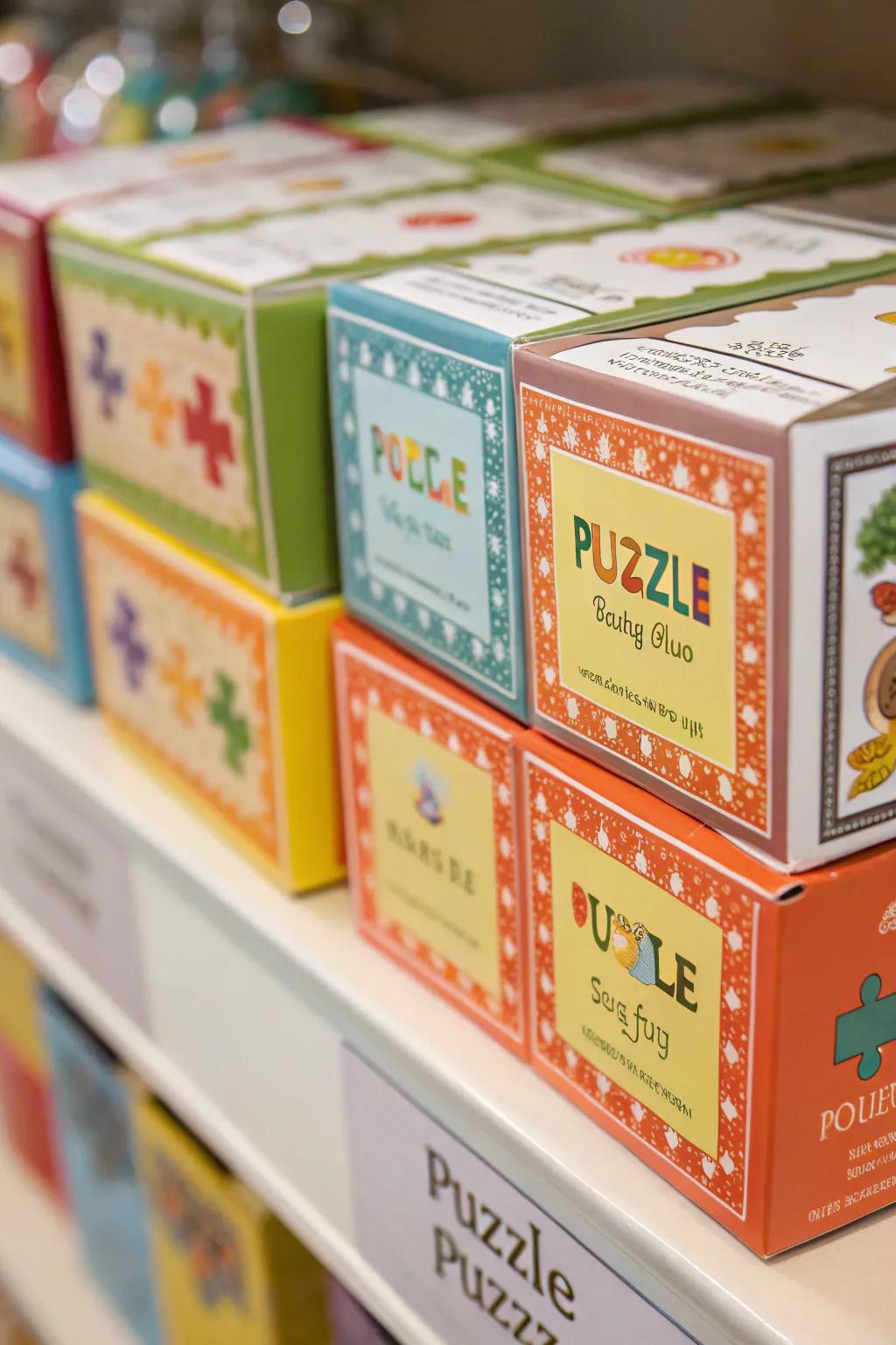 Puzzle boxes adorned with easy-to-read labels.