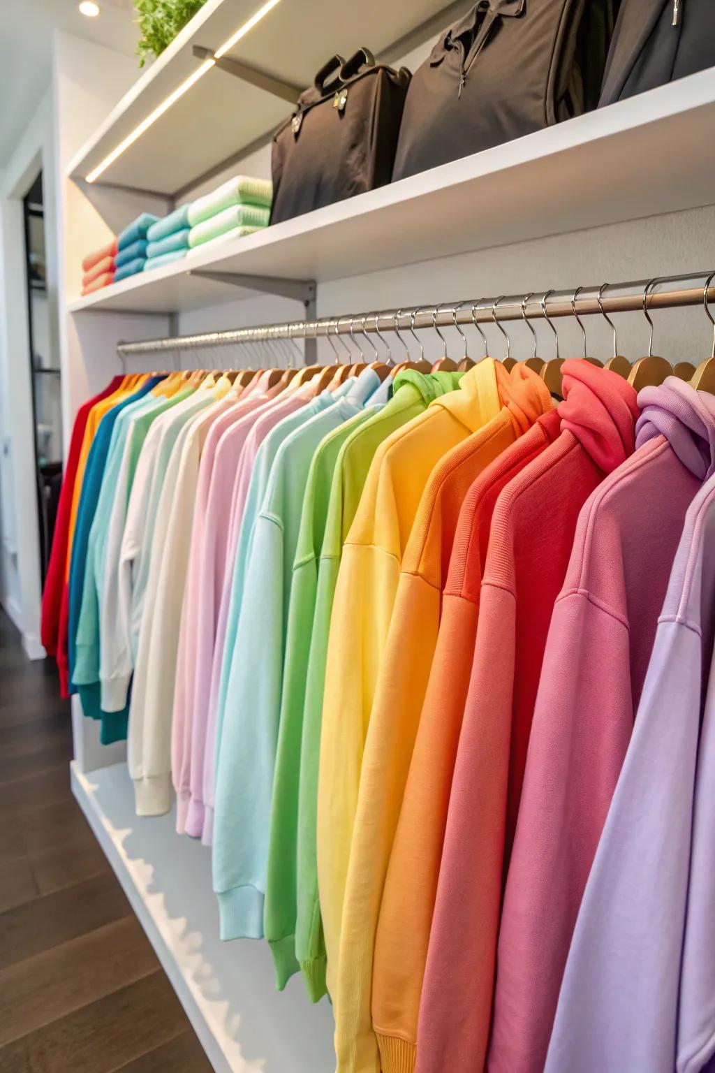 Color coordination adds aesthetic appeal to your sweatshirt collection.
