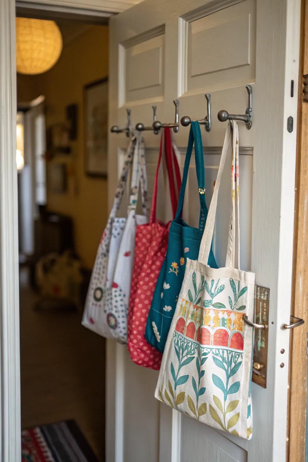 Over-the-door pegs make vertical space practical for tote storage.