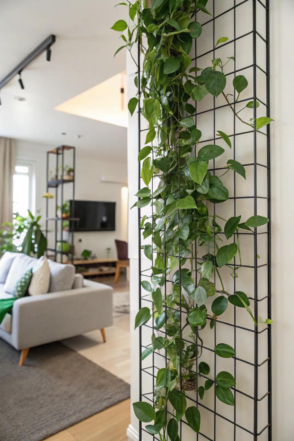 A small living area showcases a Sweetheart plant on a standing garden panel.