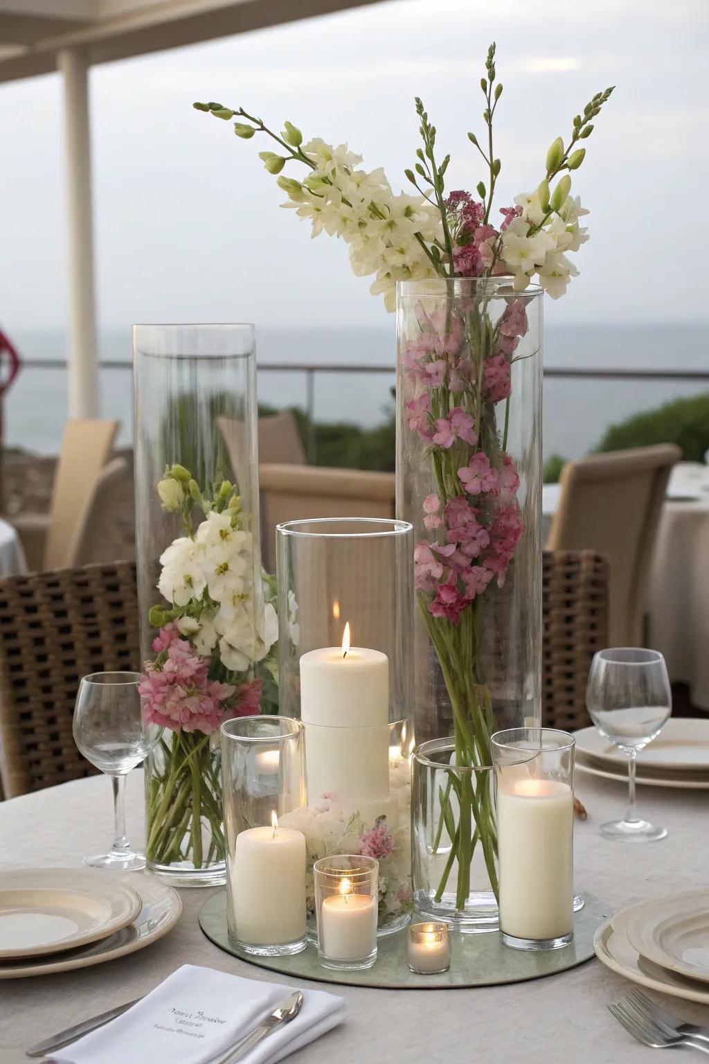Varying heights of hurricane vases create a dynamic and visually interesting centerpiece.