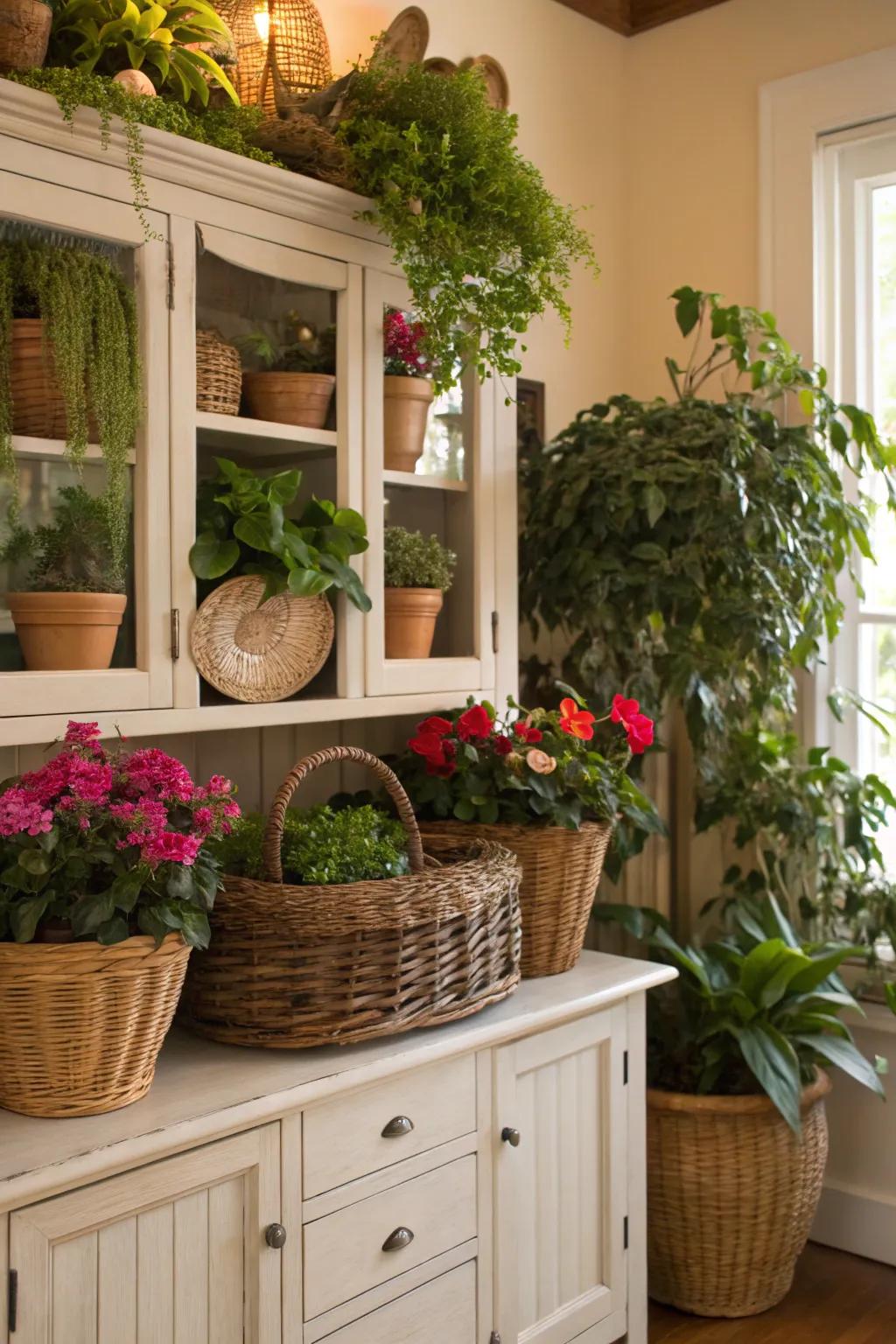 Bring nature indoors with a plant-filled hutch top.