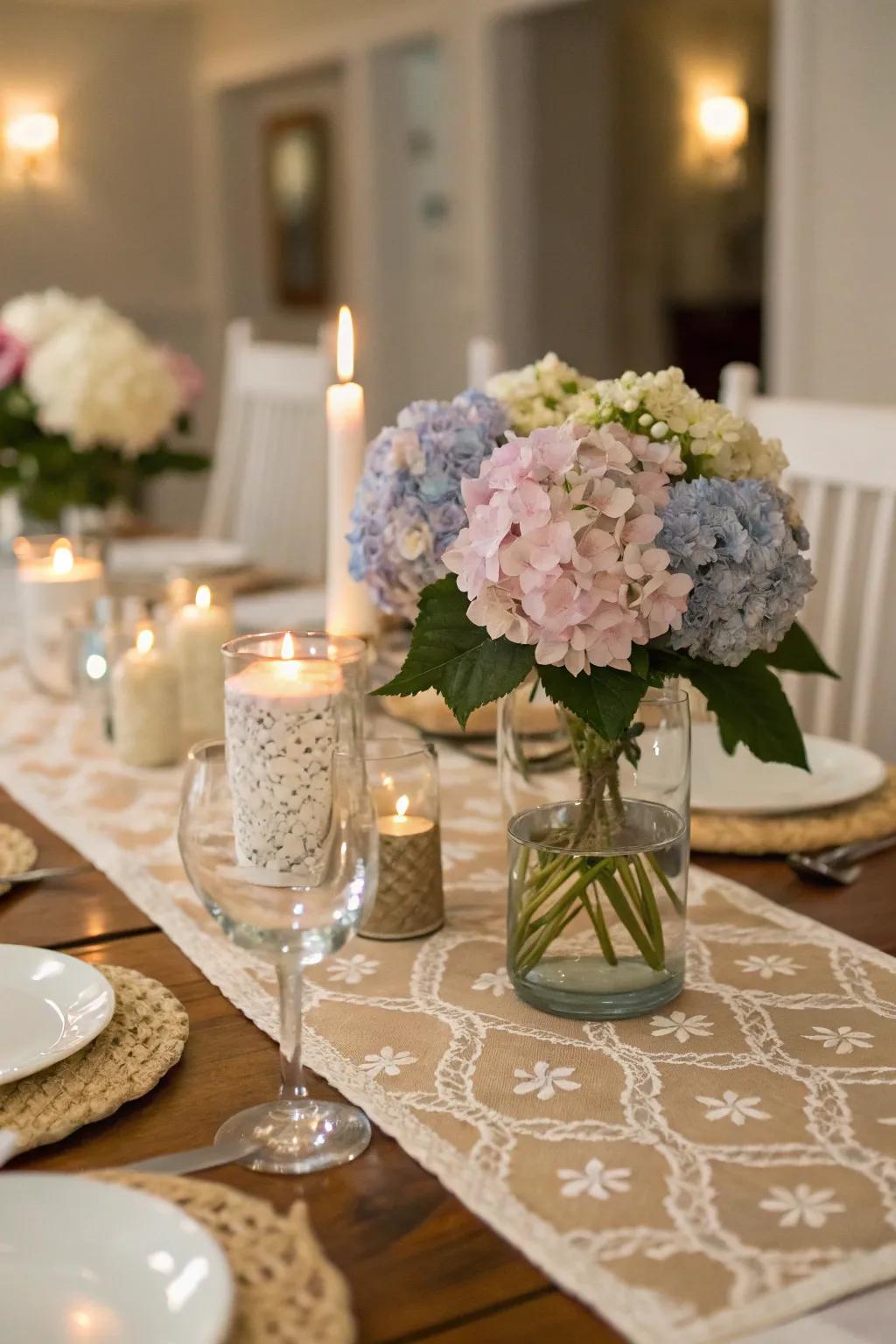 A table textile of hydrangeas delivers a seamless flow of grace.