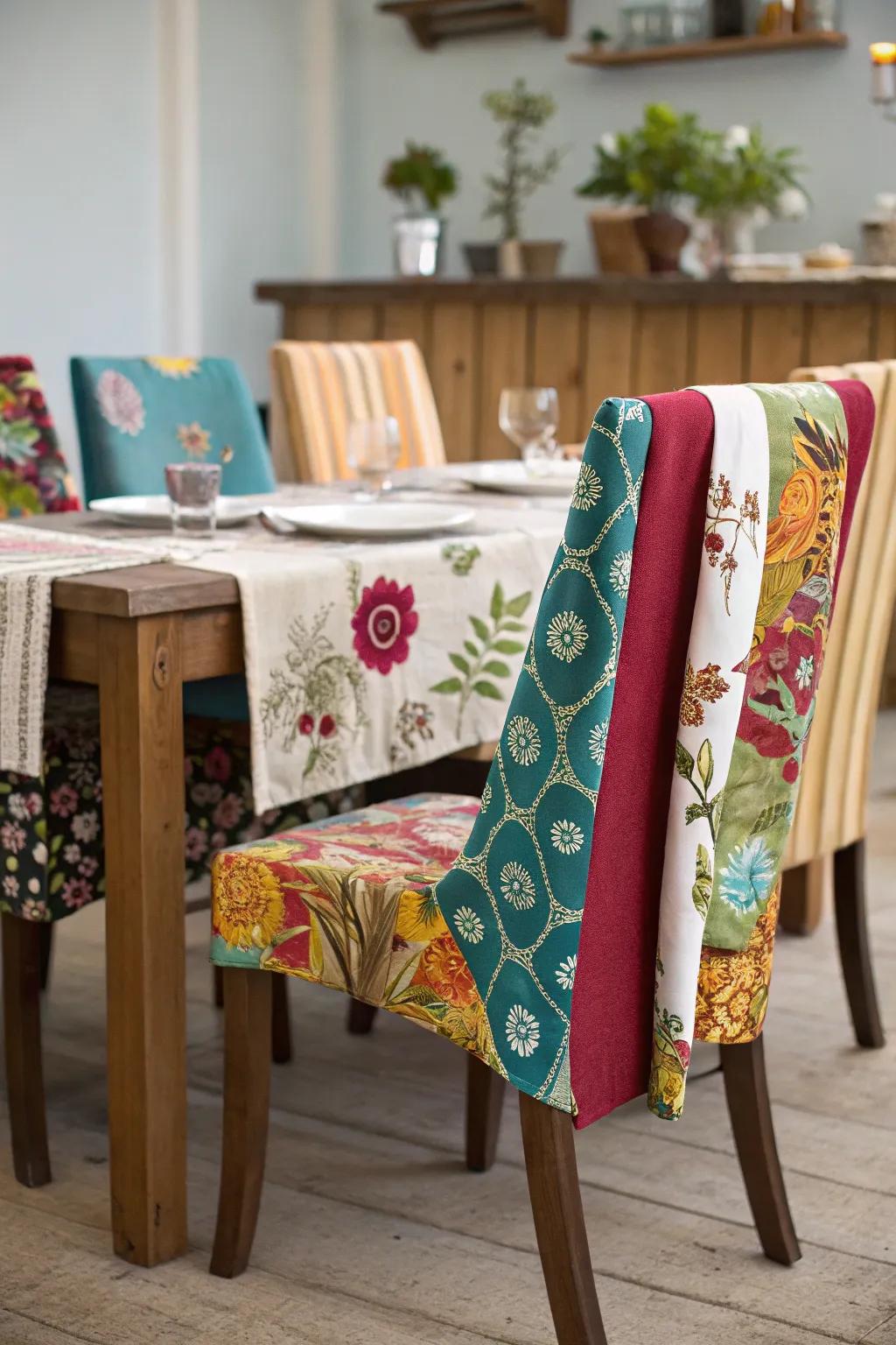 Do-it-yourself ingenuity with draped material seating covers.