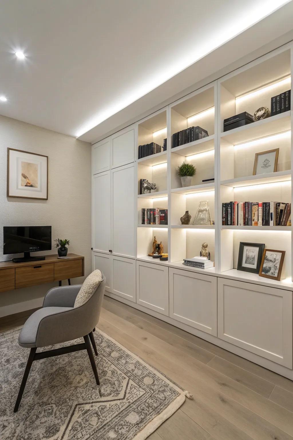 Smooth in-wall shelves deliver a minimalist and contemporary impression.