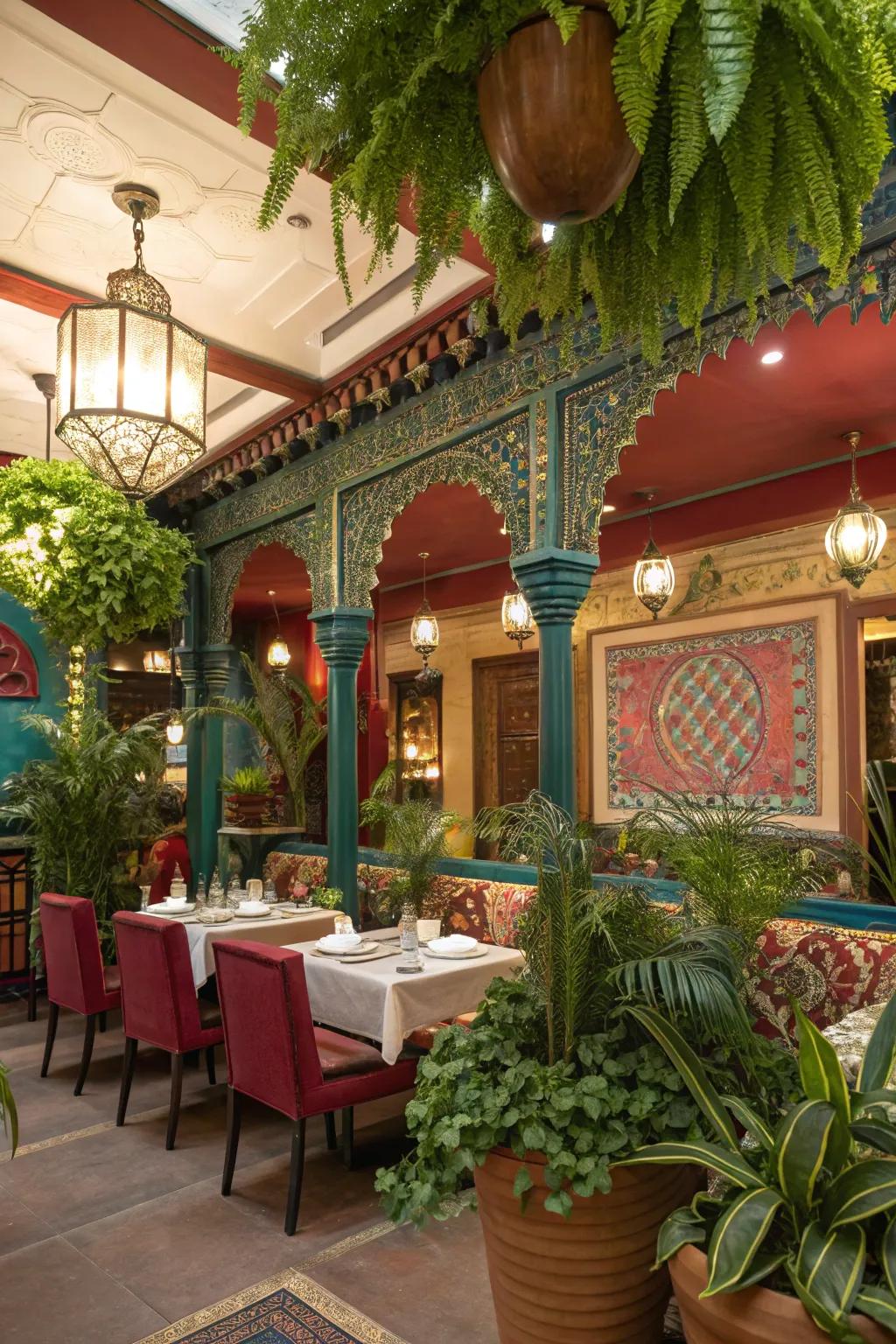 Decorative plants bring a touch of nature to the Indian restaurant.