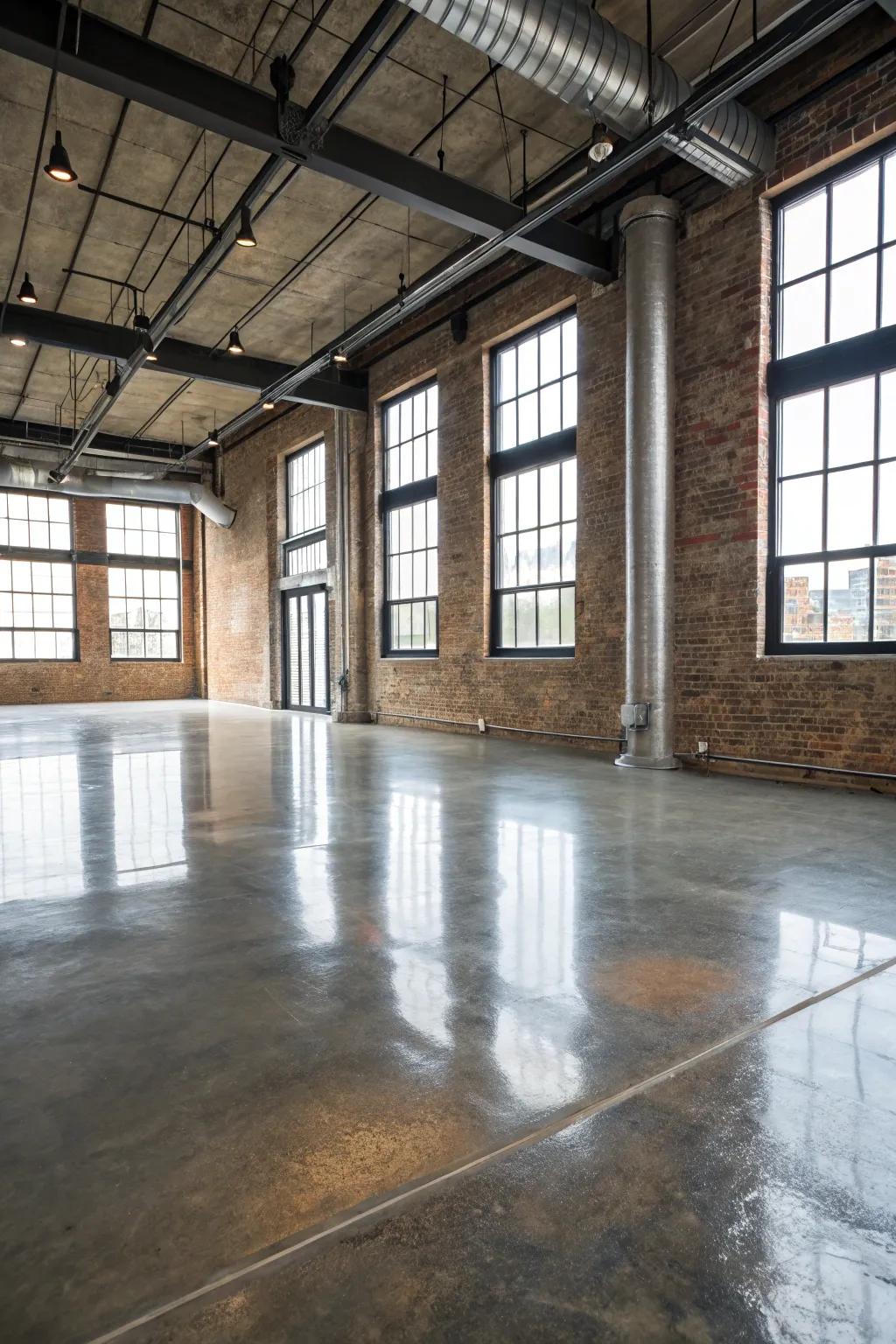 A shimmering finish on a concrete floor provides this loft a contemporary industrial edge.