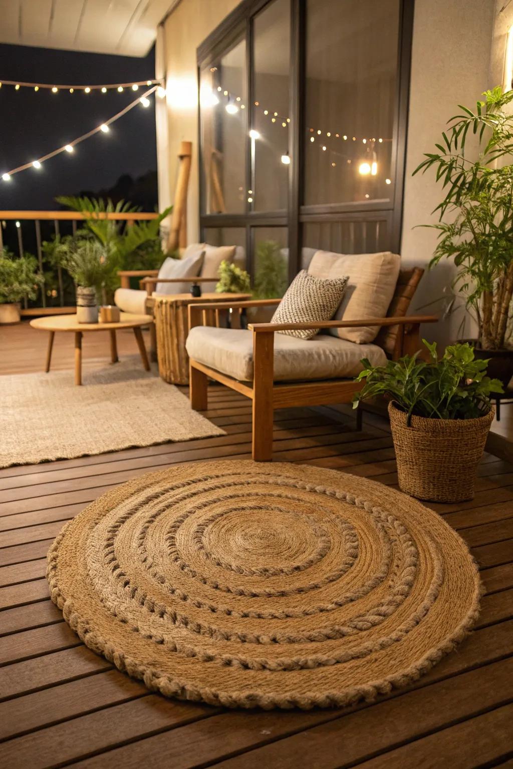 A soft rug provides warmth and texture to this indoor deck.