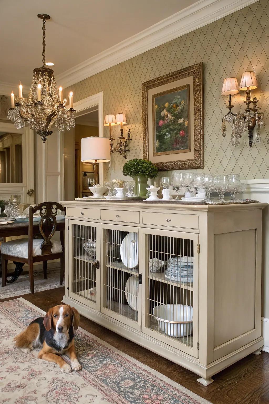 A dining setting that embraces both home decor and pet-friendly features through its sideboard-turned-kennel concept.