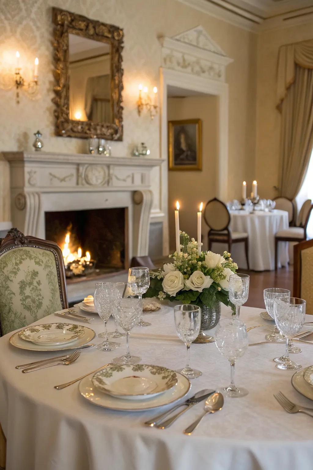An elegant meal space with a fireplace, establishing a warm setting for meals.