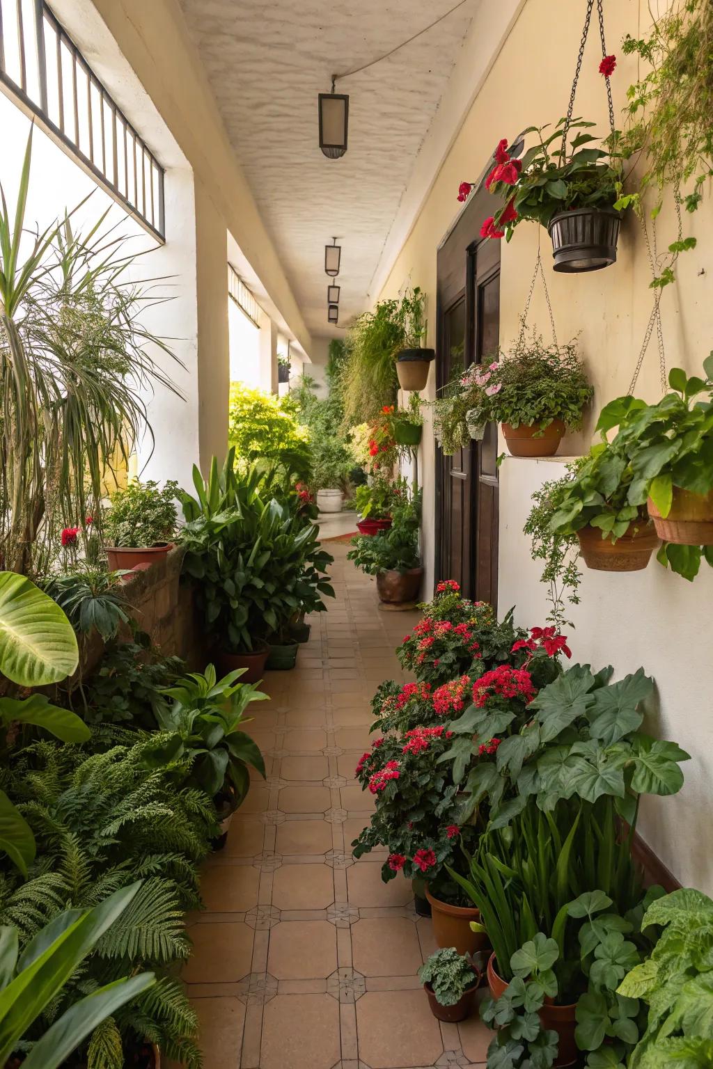 An assortment of plant varieties brings life to any hall.